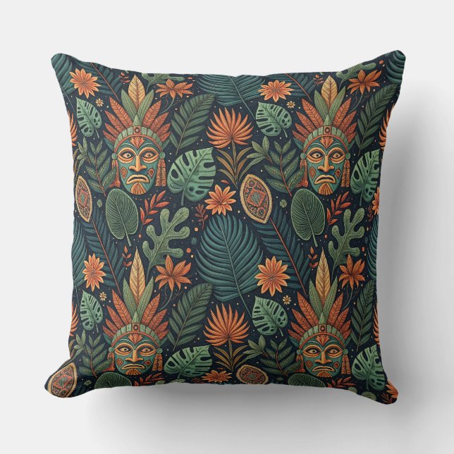 Tropical Forest Tribal & Jungle Flora Pattern Art Throw Pillow (Front)