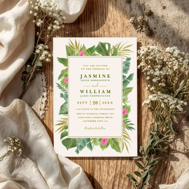 Tropical Frame Elegant Green QR Code Wedding Invitation (Creator Uploaded)