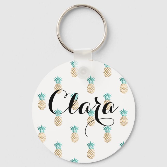 tropical fresh summer faux gold pineapple pattern keychain (Front)