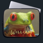 Tropical Frog Lime Green with Red Eyes Short Name Laptop Sleeve<br><div class="desc">Frog lovers will be thrilled with this tropical red-eyed tree frog from Costa Rica with a bright lime green body and red eyes. You can easily personalize with a name. There is another version with smaller text available for longer names. Photo taken at Alajuela,  Costa Rica.</div>