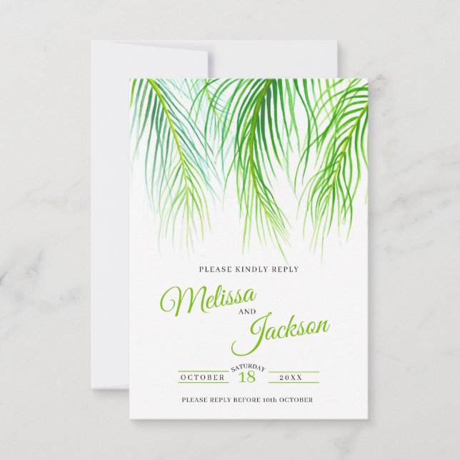 Tropical fronds foliage watercolor wedding RSVP card (Front)