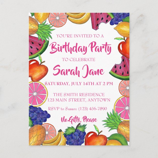 Tropical Fruit Banana Watermelon Birthday Party Invitation Postcard (Front)