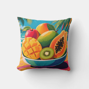 Tropical Fruit Bowl Illustration Throw Pillow