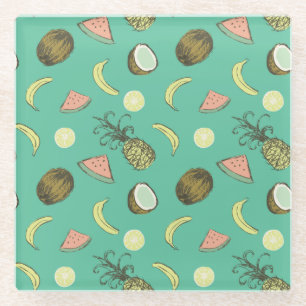 Tropical Fruit Doodle Pattern Glass Coaster
