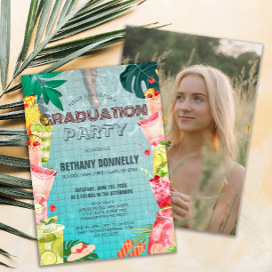 Tropical Fruit Drinks Pool Graduation Party Invitation