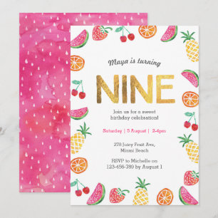 Tropical Fruit Gold 9th Birthday Invitation