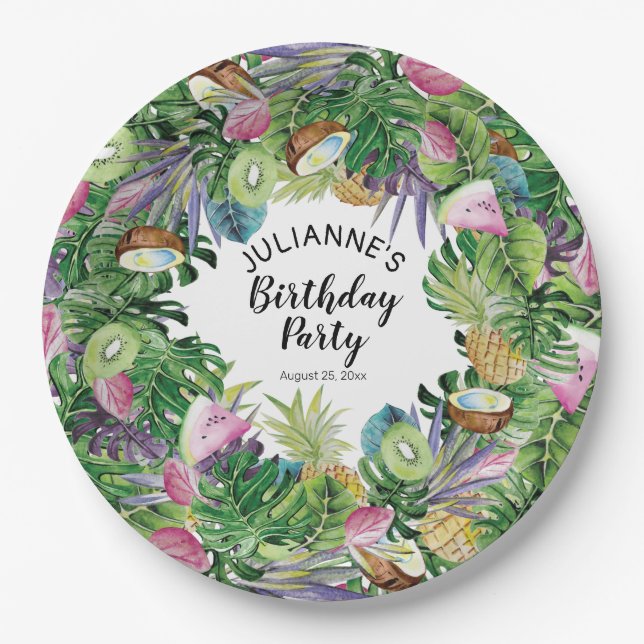 Tropical Fruit | Greenery Summer Birthday Party Paper Plate (Front)