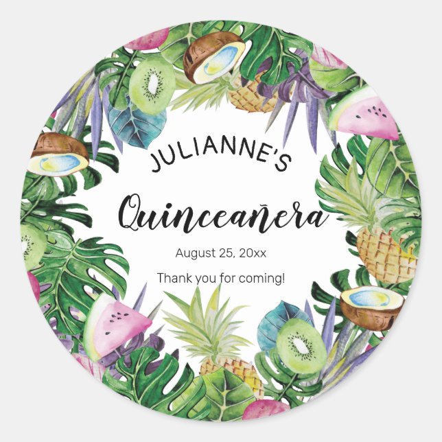 Tropical Fruit | Greenery Summer Quinceañera Classic Round Sticker (Front)