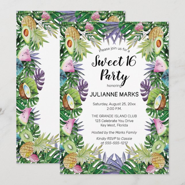 Tropical Fruit | Greenery Summer Sweet 16 Party Invitation (Front/Back)