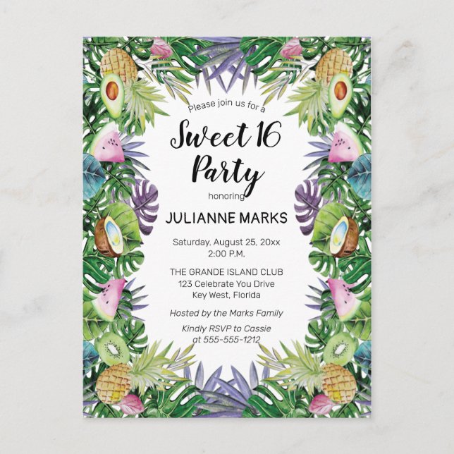 Tropical Fruit | Greenery Summer Sweet 16 Party Invitation Postcard (Front)