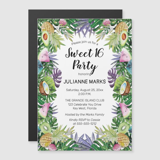 Tropical Fruit | Greenery Summer Sweet 16 Party Magnetic Invitation (Front/Back)