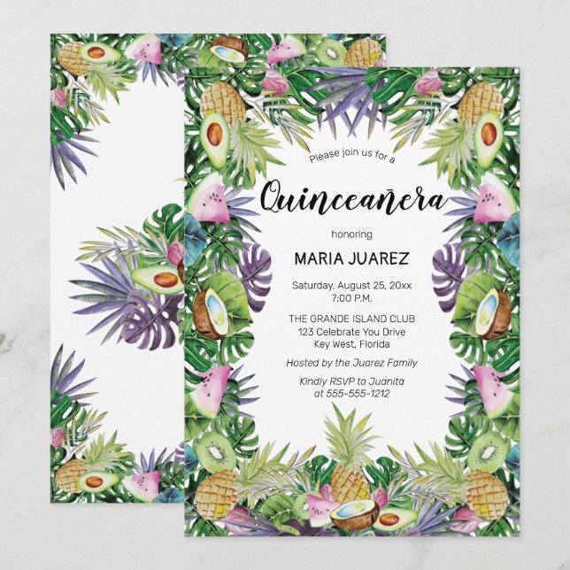 Tropical Fruit | Greenery Sunset Quinceañera Invitation (Front/Back)