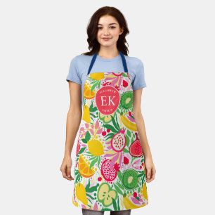 Tropical Fruit Monogram Watercolor Summer Pattern Apron