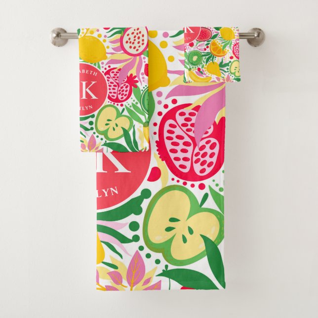 Tropical Fruit Monogram Watercolor Summer Pattern Bath Towel Set (Insitu)