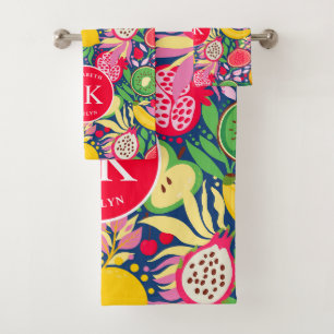 Tropical Fruit Monogram Watercolor Summer Pattern Bath Towel Set