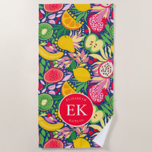 Tropical Fruit Monogram Watercolor Summer Pattern Beach Towel