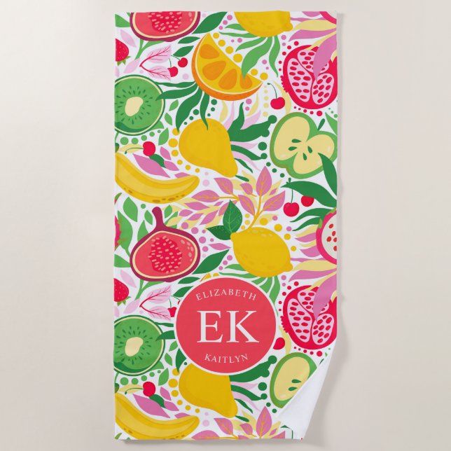 Tropical Fruit Monogram Watercolor Summer Pattern Beach Towel (Front)