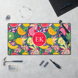 Tropical Fruit Monogram Watercolor Summer Pattern Desk Mat