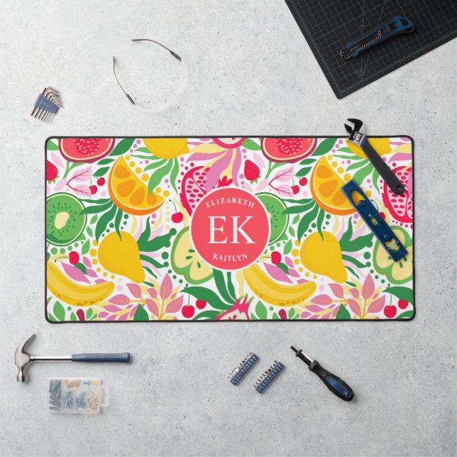 Tropical Fruit Monogram Watercolor Summer Pattern Desk Mat (Workstation)