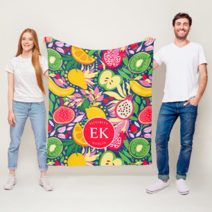 Tropical Fruit Monogram Watercolor Summer Pattern Fleece Blanket