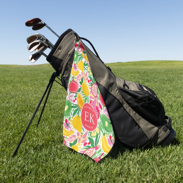 Tropical Fruit Monogram Watercolor Summer Pattern Golf Towel (Green)