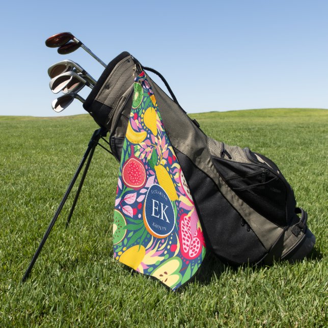 Tropical Fruit Monogram Watercolor Summer Pattern Golf Towel (Green)