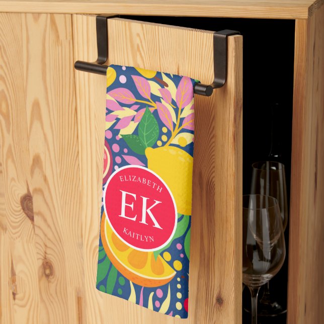 Tropical Fruit Monogram Watercolor Summer Pattern Kitchen Towel (Thirds Fold)