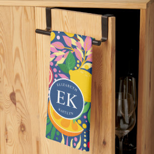 Tropical Fruit Monogram Watercolor Summer Pattern Kitchen Towel