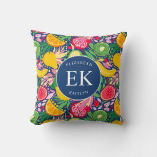 Tropical Fruit Monogram Watercolor Summer Pattern Throw Pillow