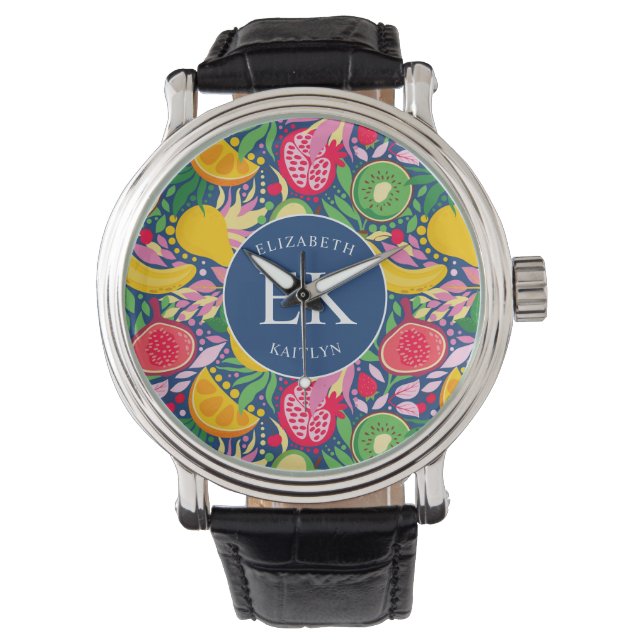 Tropical Fruit Monogram Watercolor Summer Pattern Watch (Front)