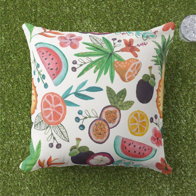 Tropical fruit multi-colour garden all-over print outdoor pillow (Grass)