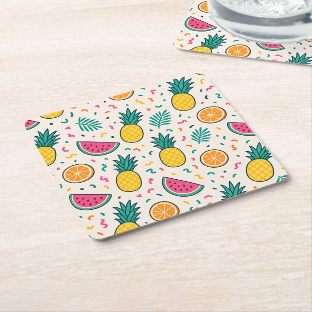 Tropical Fruit Pattern Square Paper Coaster (Angled)