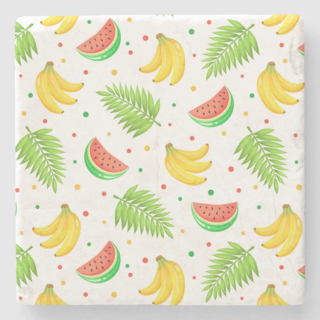 Tropical Fruit Polka Dot Pattern Stone Coaster (Front)