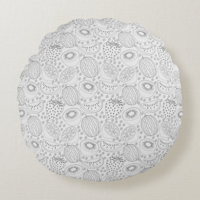 Tropical fruit seamless pattern black and white round pillow (Front)