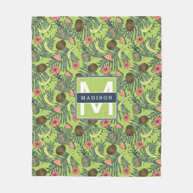 Tropical Fruit Sketch on Green Pattern Fleece Blanket (Front)