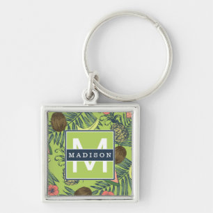 Tropical Fruit Sketch on Green Pattern Keychain