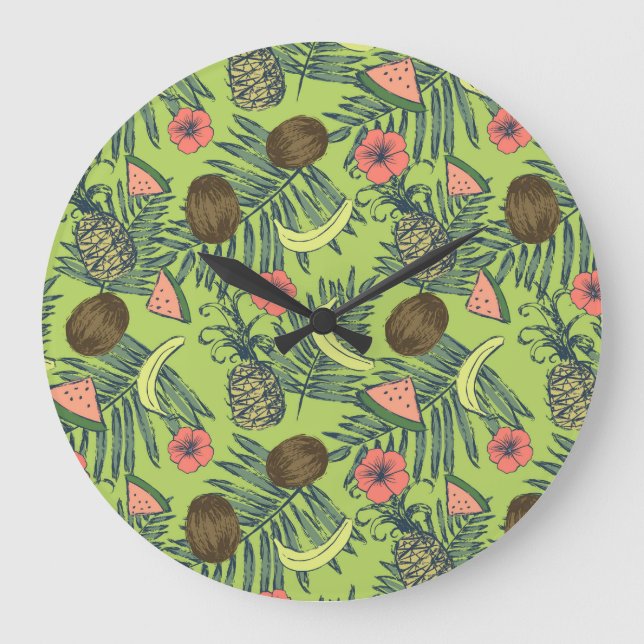 Tropical Fruit Sketch on Green Pattern Large Clock (Front)