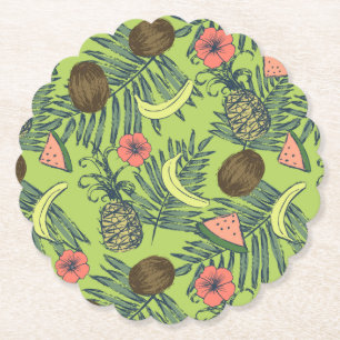 Tropical Fruit Sketch on Green Pattern Paper Coaster
