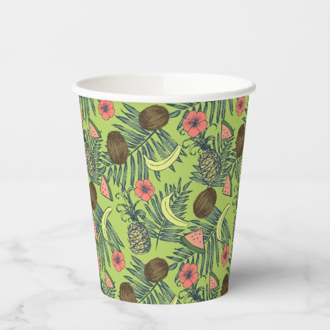 Tropical Fruit Sketch on Green Pattern Paper Cups (Left)