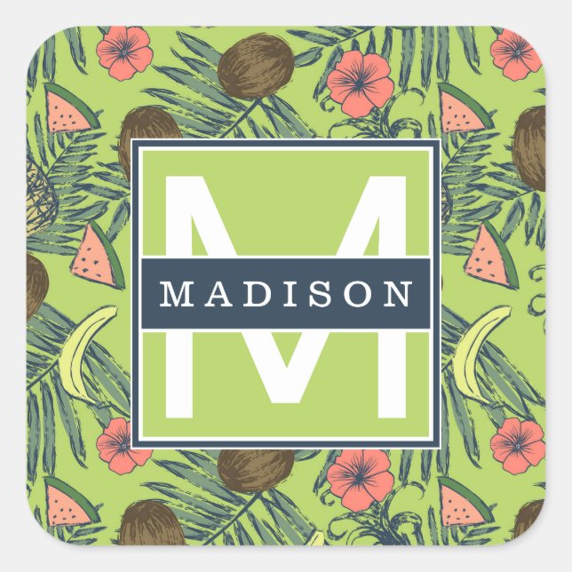 Tropical Fruit Sketch on Green Pattern Square Sticker (Front)