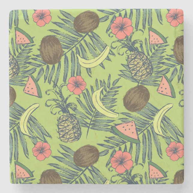 Tropical Fruit Sketch on Green Pattern Stone Coaster (Front)