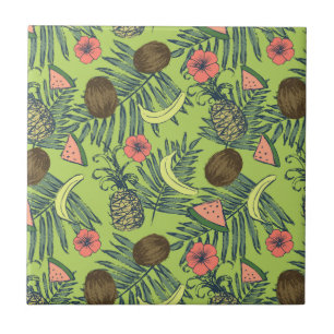 Tropical Fruit Sketch on Green Pattern Tile
