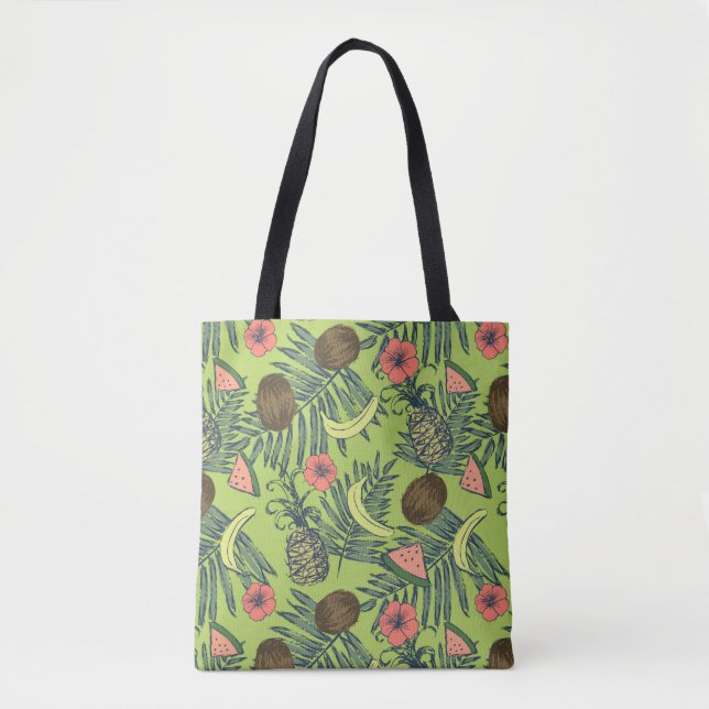 Tropical Fruit Sketch on Green Pattern Tote Bag (Front)