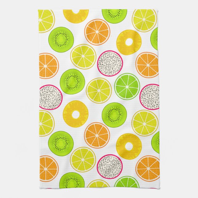 Tropical Fruit Slices, Citrus, Kiwi & Dragonfruit Kitchen Towel (Vertical)