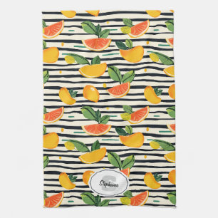 Tropical Fruit Stripe Yellow Orange Pink and Green Kitchen Towel