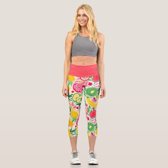 Tropical Fruit  Watercolor Summer Pattern Capri Leggings (Front)