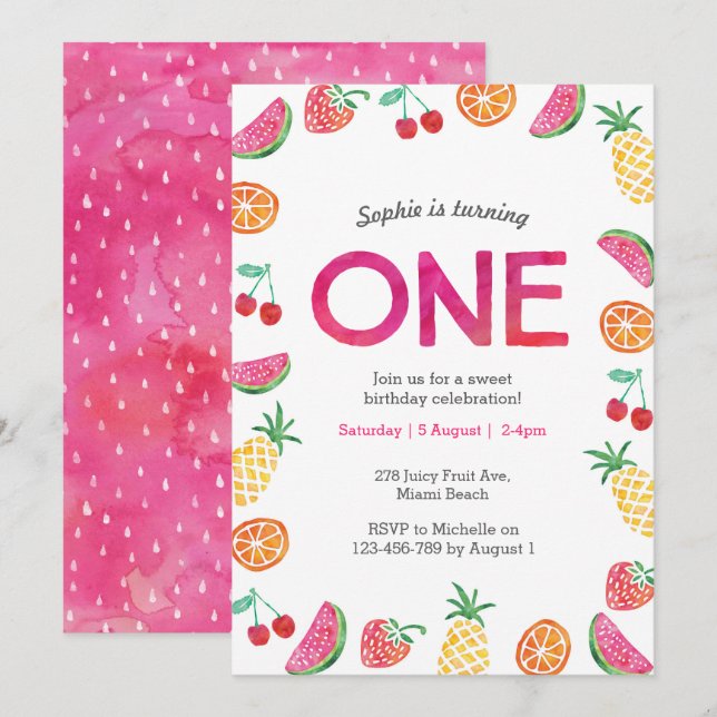 Tropical fruité rose 1er anniversaire Invitation (Devant / Derrière)