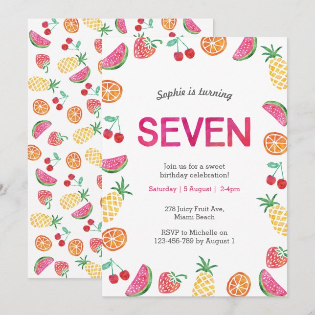 Tropical fruité rose 7e anniversaire Invitation (Devant / Derrière)