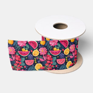 Tropical Fruits and Flowers Satin Ribbon
