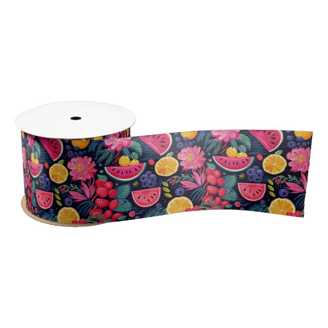Tropical Fruits and Flowers Satin Ribbon (Spool)